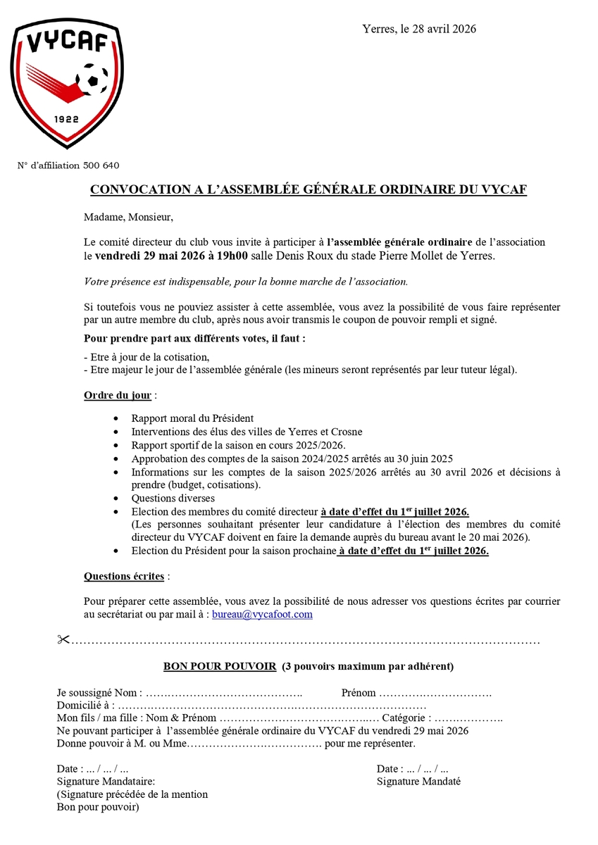 Assemblée générale du VYCAF le 29 mai 2026