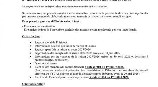 Assemblée générale du VYCAF le 29 mai 2026